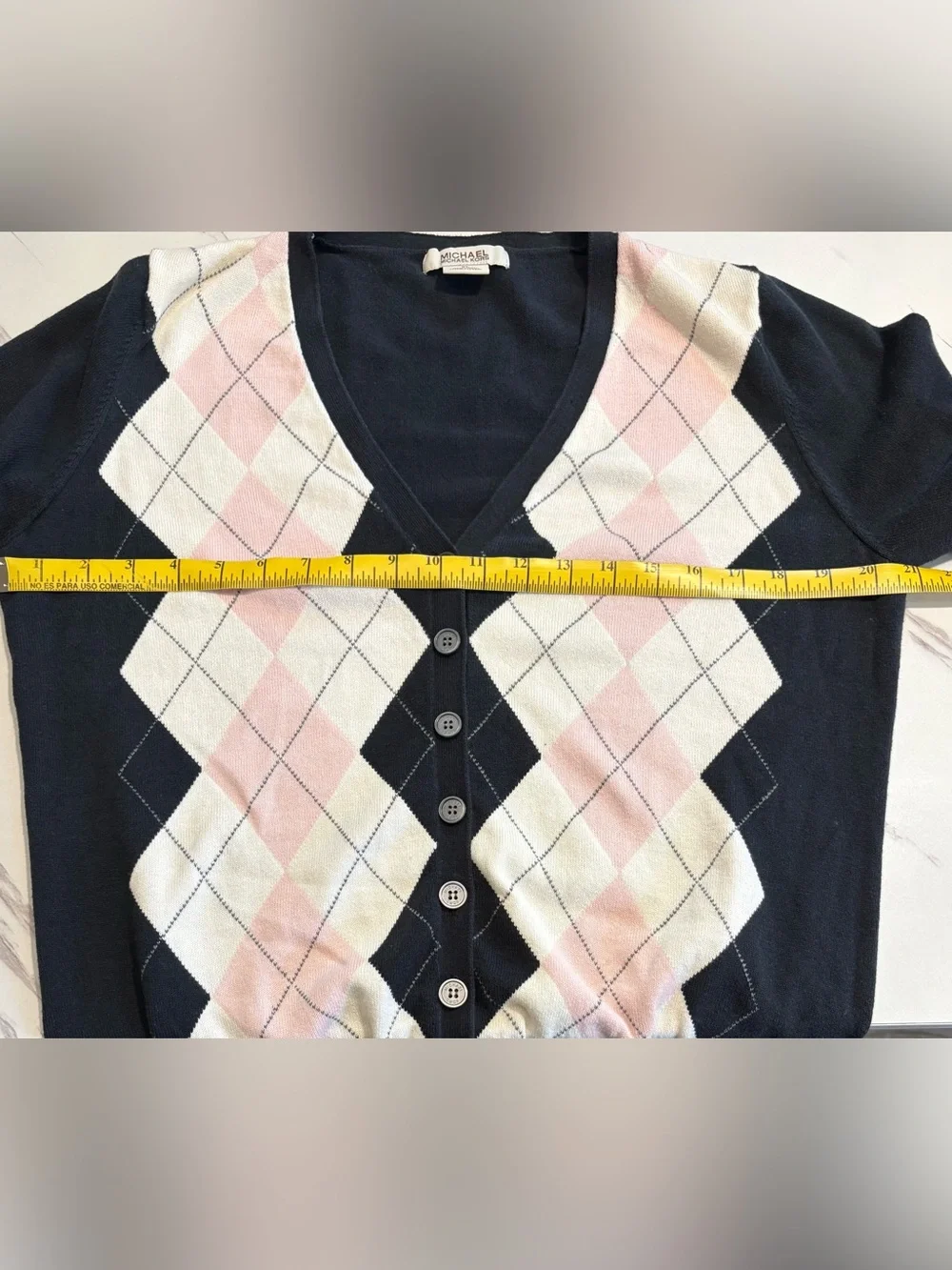 Michael Kors Black, Pink & Cream Argyle V-Neck Cardigan 100% Cotton XL